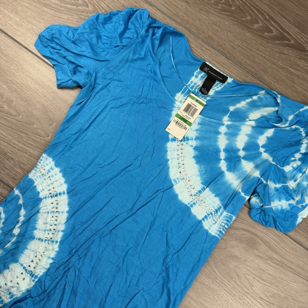 Inc Women's Short Sleeve Spiral Pattern Top Blue White Large New